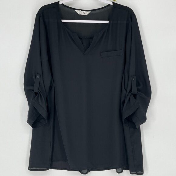 Agnes Orinda Black Roll Tab Sleeve Blouse 3X Sheer Chiffon Tunic Office Holiday - Picture 1 of 9